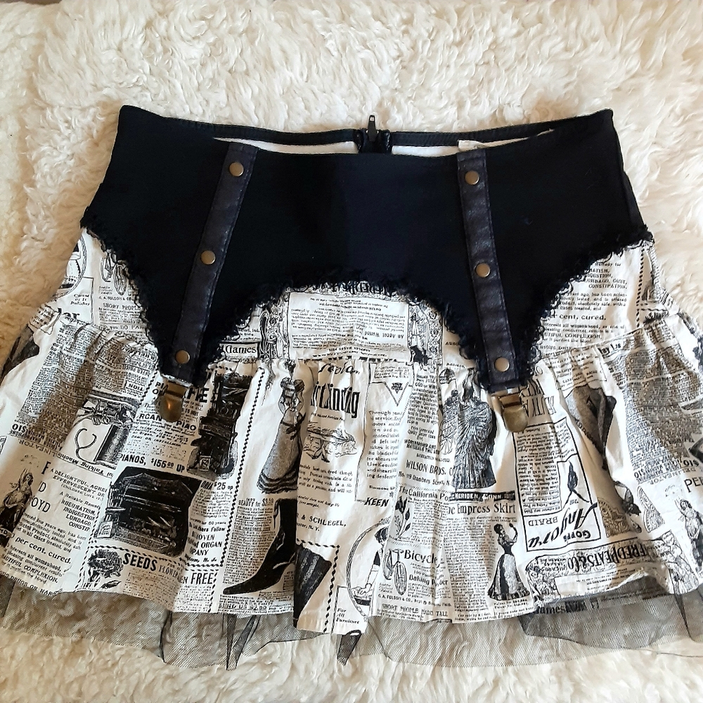 Vintage Lip Service A Step in Time Newspaper Print Garter Belt Skirt Size S